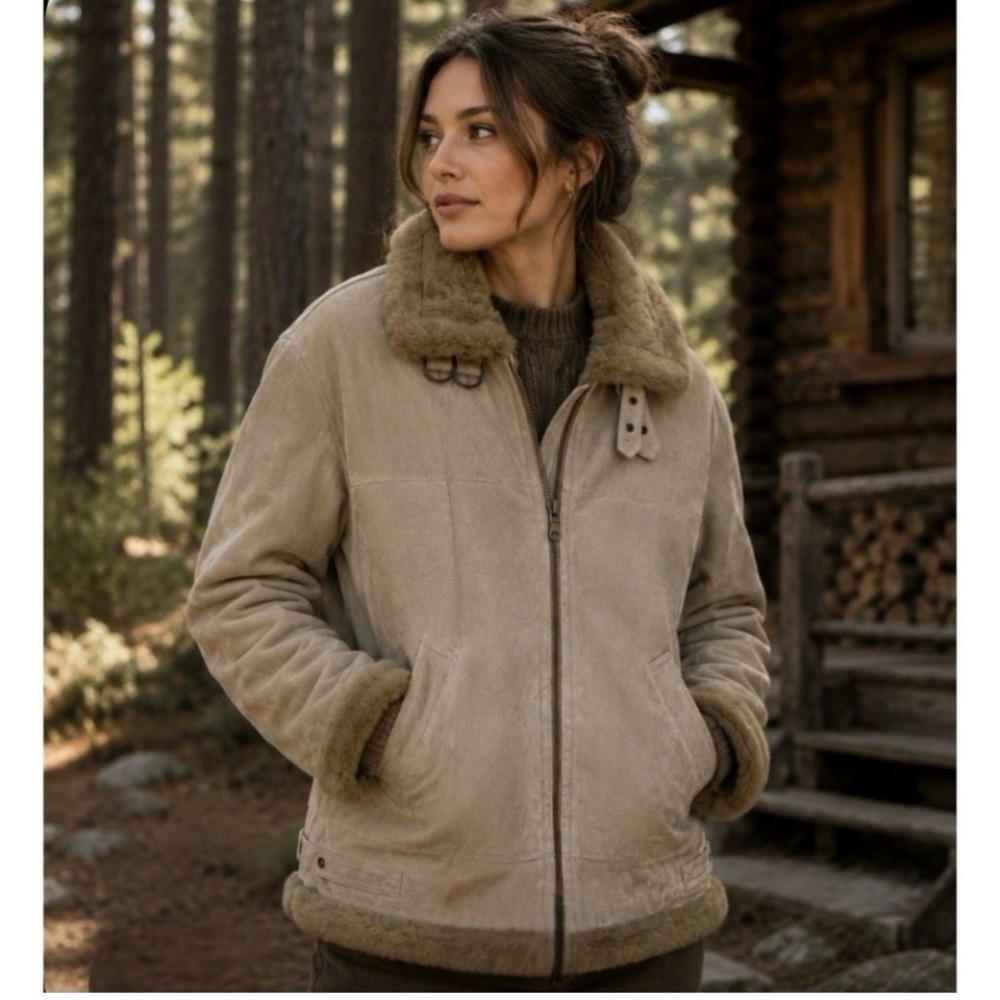 Canda Tan Suede B-3 Aviator Jacket Shearling Lining Size Large